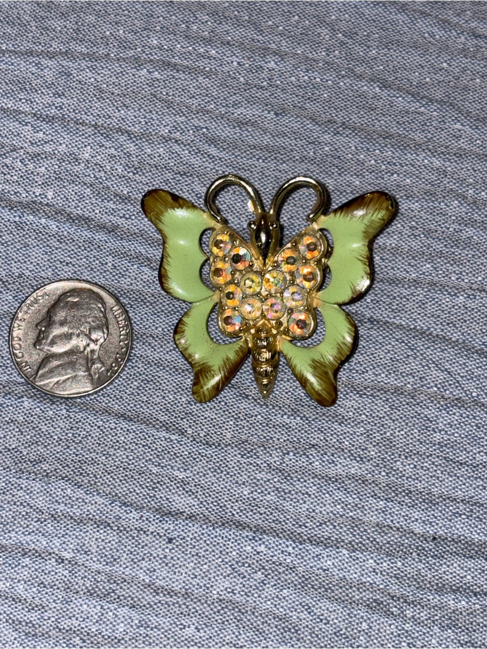 Butterfly Decorative Pin - Green and Gold Rhinestone Accent Vintage
